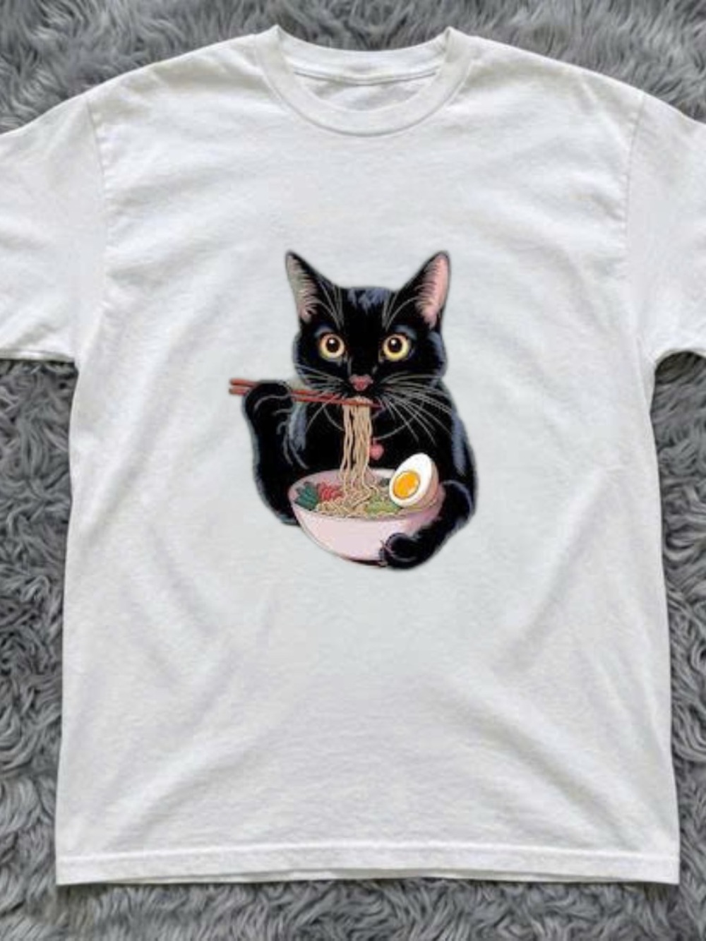 White T - Shirt Cat Ramen Graphic Tee - Black Cat Design Size L Unisex 90s
